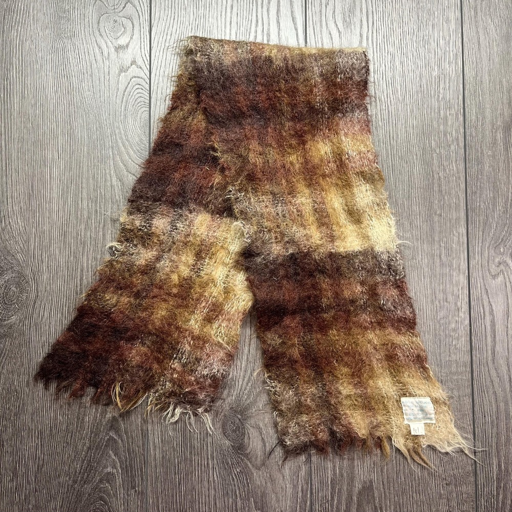 Vintage Eaton England Mohair Wool Brown Plaid Scarf Knit Throw Designer 36 x 7.5